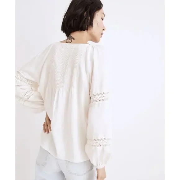 Madewell Peasant Top XS Ivory Linen-Blend Pintuck Boho Bubble Sleeves Babydoll - Picture 8 of 15